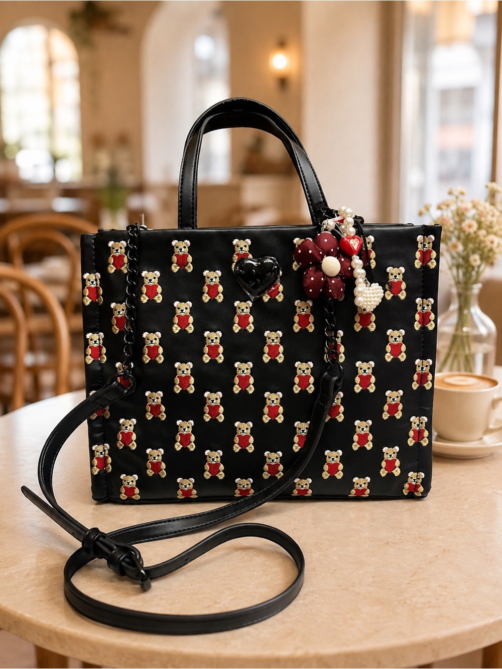 Betsey Johnson Tote Bag Women Black Embroidered Teddy Bear Heart Crossbody
